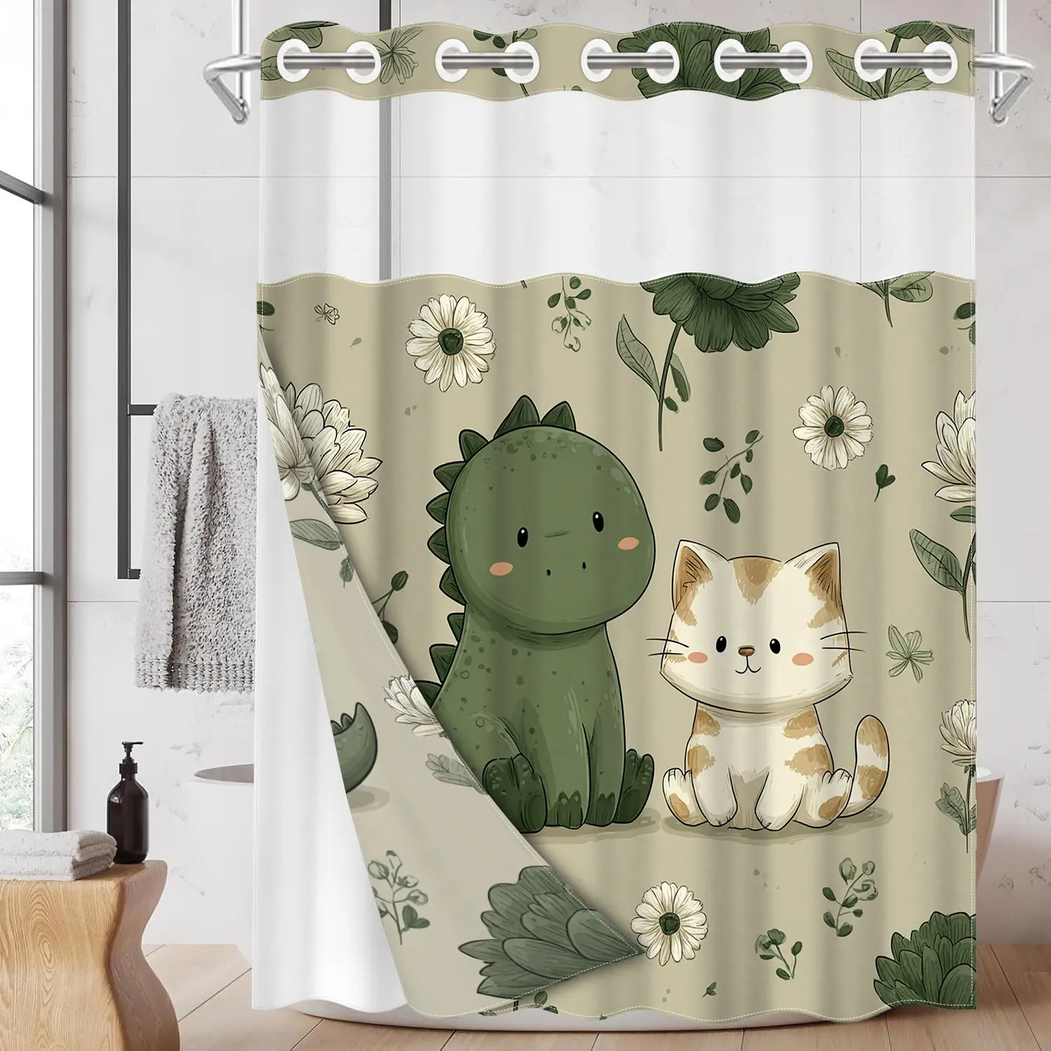 1pc hookless shower curtain with snap fastener, featuring dinosaur and cat patterned 2D printing, fabric waterproof inner lining, shower curtain with transparent window and double-layer design, 71 x 74 inches, modern family curtain decoration, Room decor