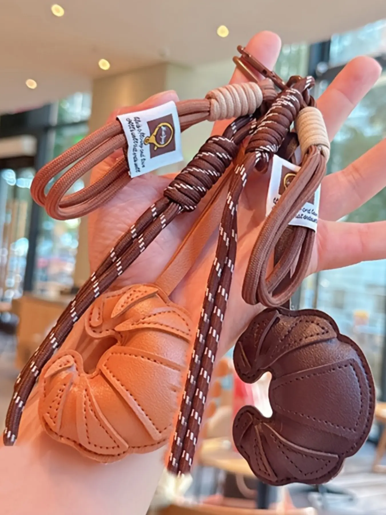 Creative Braided Rope Croissant Bag Pendant Croissant Keychain Brown Series Horn-Shaped Bag Charm with Woven Rope PU Leather Horn Bag Keyring Additions Jewelry Croissant Bag Accessory Aesthetic Horn Lanyard Croissant Keyring Purse Key Chain Hanging Charm