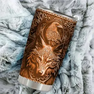 20 Oz Viking Theme Stainless Steel Straw Cup, Dual Wall Insulated Travel Mug, Cold Hot Drinks, Wolf Celtic Knot Design, Perfect Gift, Stainless Steel Drinkware