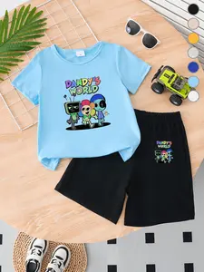 Summer Boys' T-Shirt Short Sleeve + Loose Shorts Set, Toddler, Dandy's World Print, Casual Style, Elastic Waist, Perfect for School and Play