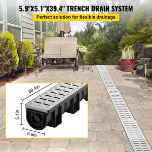 VEVOR Trench Channel Drain System with Metal Grate Black Plastic Garage Floor 3 Pack