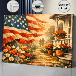 Retro American flag flower scenery print 2D flat canvas wall art poster; rustic wall decor and home room decoration ornament; perfect print gift for Independence Day, Thanksgiving, Christmas, and various festivals; farmhouse apartment wall art decor.