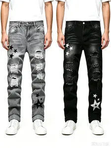 2-Pack Men's Slim Straight Jeans Casual Streetwear Classic Denim Men's Fashion Button Closed Mid Waist Trousers Embroidery Design All Seasons Menswear Slim Fit Pants
