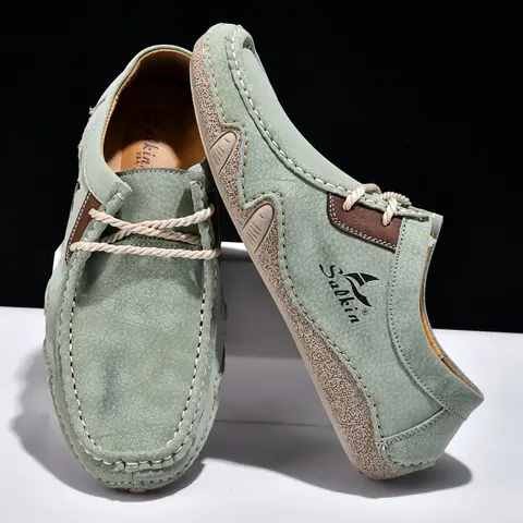 Men's Fashion Non-Slip Boat Shoes, PU Leather Footwear for All Seasons, Handmade Casual Flat Shoes, Simple Lace-Up Low-Top Shoes, Large Size, Lightweight Comfortable Fabric, Rubber Sole