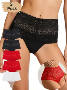 Women's High Waist Lace Thong, Sheer Sexy Underwear, Lightweight Breathable Seamless Fashion Panties, Comfort Daily Wear 5-Pack