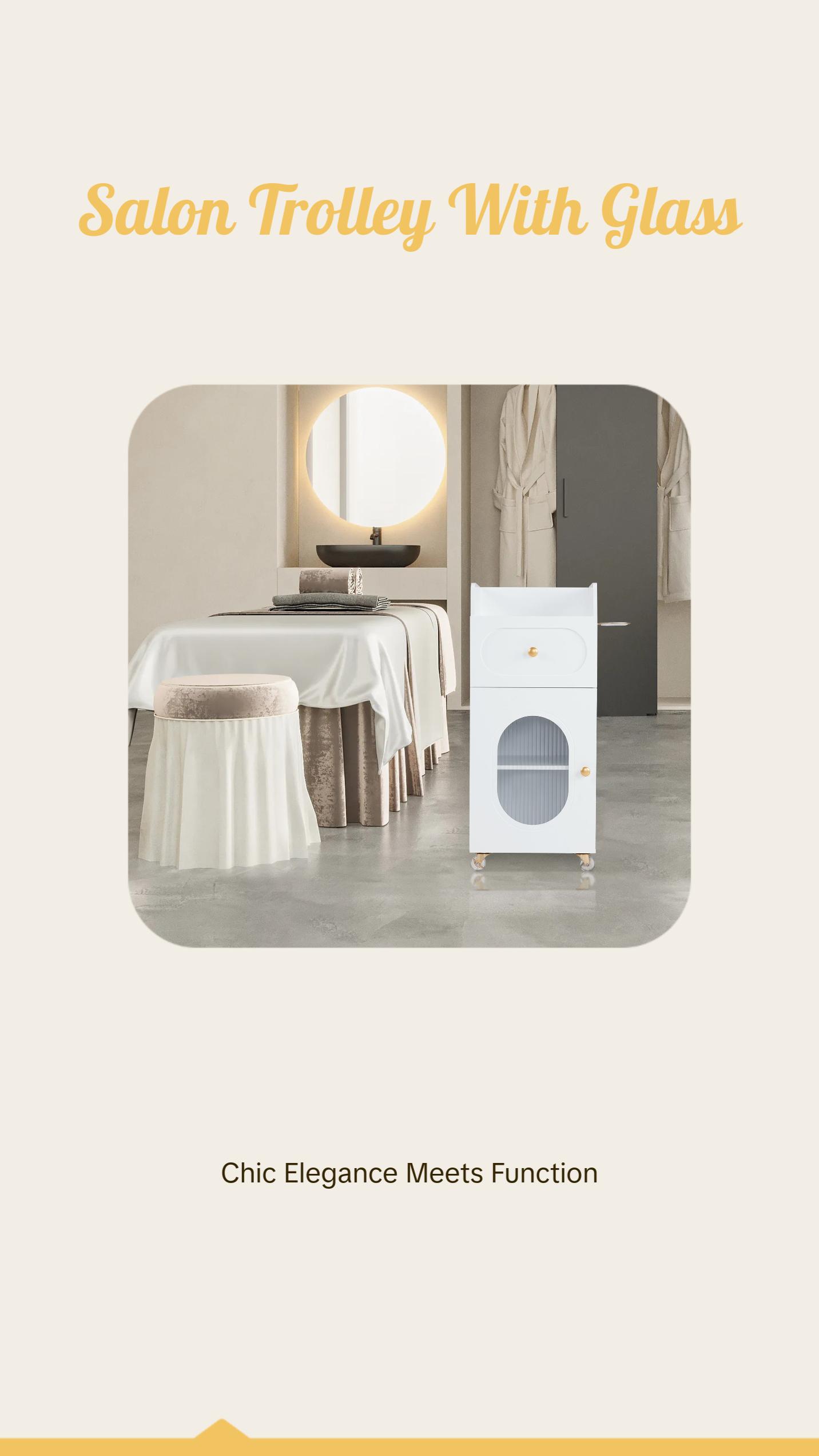 BarberPub Salon Rolling Trolley Cart with Oval Window, Barber Styling Cart with White Paint Finish 2498