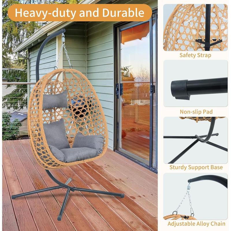 EortheX Hanging Egg Chair with Cushions – Comfortable Rattan Swing Chair with Stand for Patio, Garden, or Balcony – Stylish and Relaxing Outdoor Lounge Chair, 350LBS Capacity Indoor Outdoor