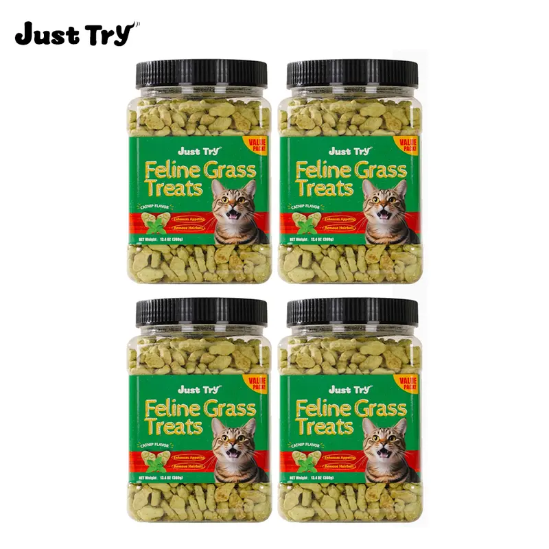 JUST TRY 4PCS 13.4 OZ Cat Grass Treats Natural Salmon Flavor Healthy Cat Snacks Training Biscuits Catnip for Cats Dental and Hairball Control Treats Remedy Chews