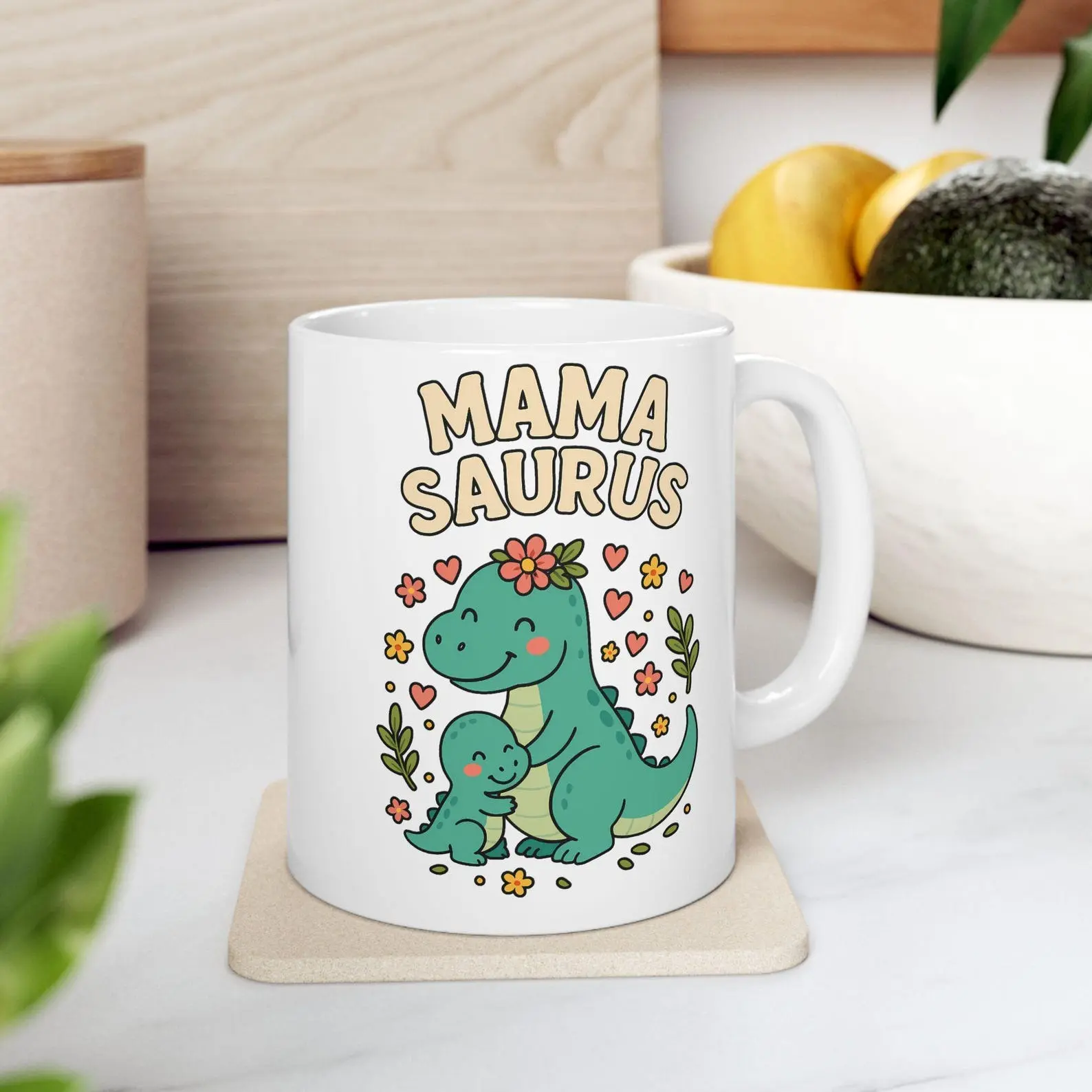 Mama Saurus Ceramic Mug, Dinosaur Mom Coffee Cup, Mother's Day Gift, Birthday Present, Mommy T-Rex Tea Mugs
