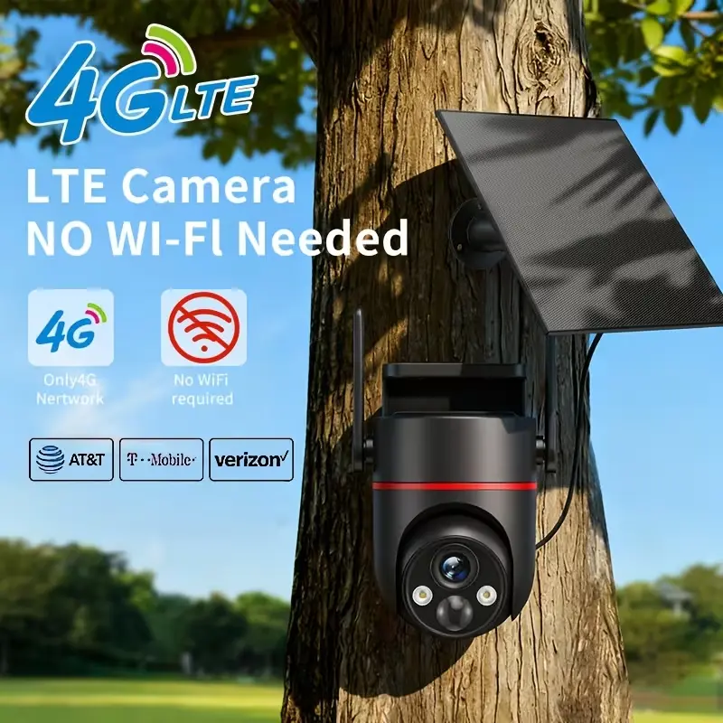 4G LTE Cellular Wireless Security Camera / IP65 / Solar Panel Powered Battery, No WiFi Needed / Off-Grid Monitoring Camera HD Color Night Vision, PIR Motion Sensor / Two-Way Audio / Includes SIM Card (Supports Verizon/AT&T/T-Mobile)