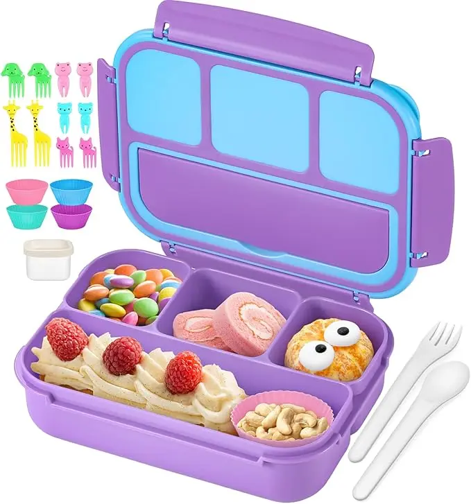 Bento Lunch Box for Kids – 4 Compartment Lunch Container with Sauce Cup, Utensils & Food Picks, Toddler & Adult School Lunch Box, Purple