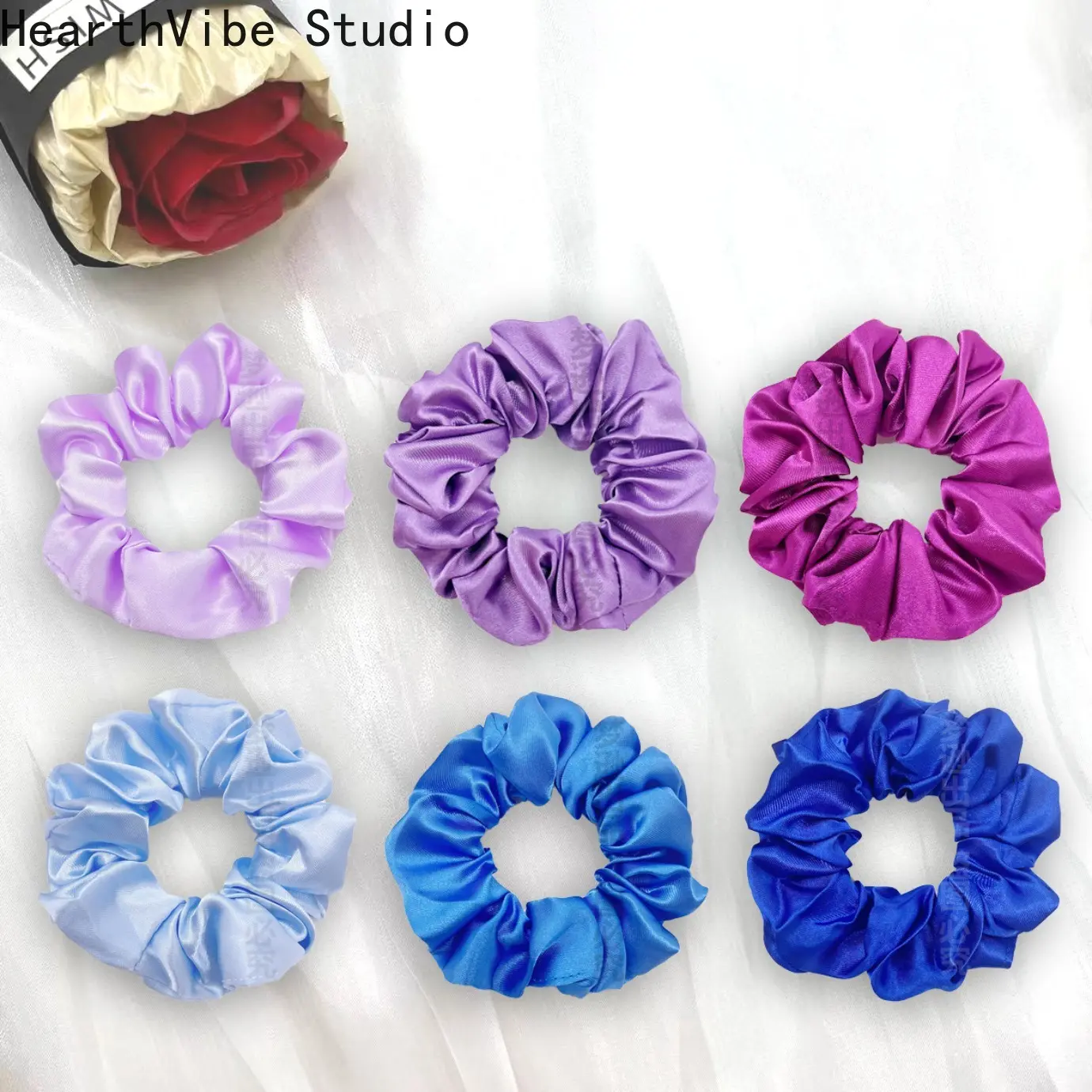 Unisex 6pc Lace-Trimmed Satin Scrunchies - Blue-Purple Tones, Flowing Ribbons, No Bulk Fabric, Athletic Daily Sports Hair Accessory for Wristband Use, Everyday, Sporty Sports Wristbands