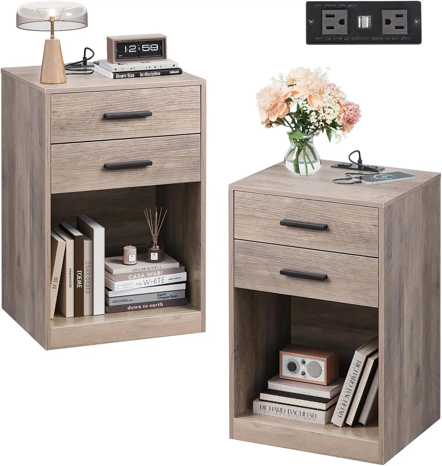 [Set of 2] WLIVE Nightstands with Charging Station, Bedside Table with Drawer | Storage(2 Drawers + 1Shelf), Charging Station(2AC+2USB), Sturdy 44lbs, Easy Setup with Tools, Pet-friendly Design for Bedroom, Matching Side Table, Modern Black Nightstand