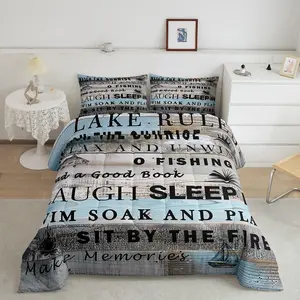 Lake House Decor Bedding Set,Adventure Camping Cabin Comforter Set,Teen Boys Men,Boating Fishing Down Comforter,Rustic Farmhouse Blue Quilt
