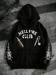 Stranger Things Hellfire Print Zip Hoodie, Casual Streetwear Fashion, Long Sleeve Loose Fit, Perfect for Spring & Fall