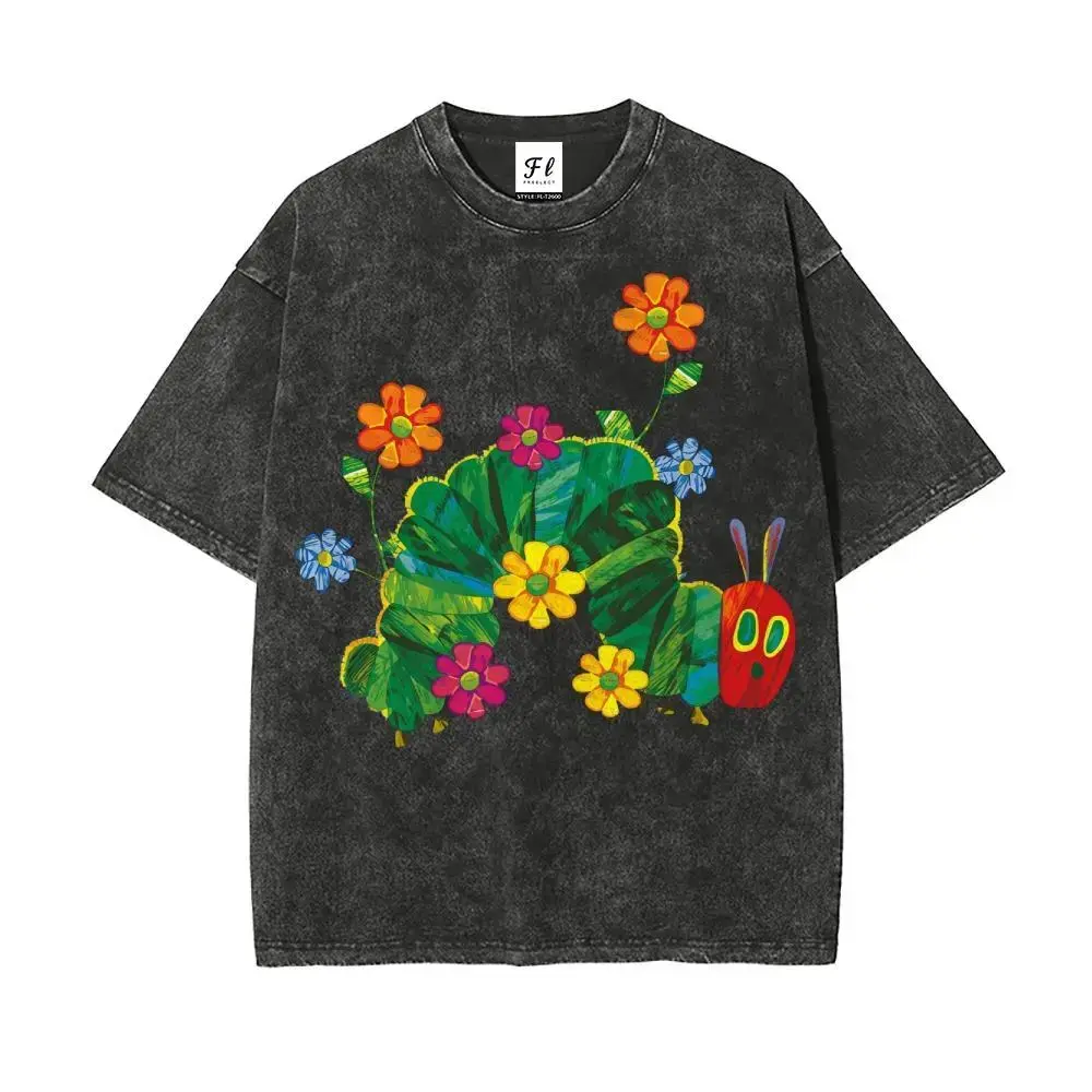 Men's Short-Sleeve Vintage Caterpillar & Flower Print Washed 100% Cotton Graphic T-Shirt - Casual Daily Wear Menswear Top, All Seasons Retro Style