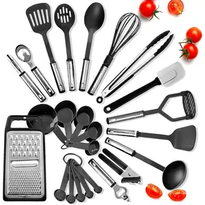 Kitchen Utensils Set - 24 PCS Nylon Cooking Utensils Set, Kitchen Spatula Set with Stainless Steel Handles - Heat Resistant Non-Stick Kitchen Tools - Black Kitchen Utensil Set
