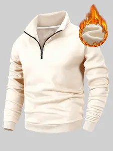 Men's Classic Versatile Solid Color Half-Zip Sportswear, Essential Fleece Athletic Sweatshirt for Fall & Winter, Casual Upperwear