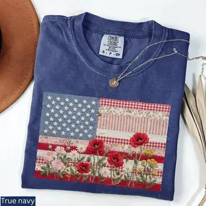 Comfort Colors Retro American Flag Shirt, Faux Patchwork USA Tee, 4th of July Shirt, Patriotic Graphic Shirt, Fourth of July Shirt, Print Only
