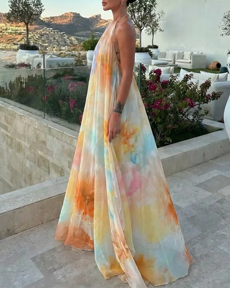 ChicMe Women's Tie Dye Chiffon Maxi Dress - Halter Neck Backless Flowy  A-Line Long Dress Sunset Gradient Print Vacation Summer Beach Dress for  Women - TikTok Shop
