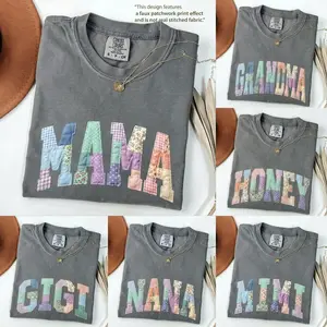 Comfort Colors Custom Faux Patchwork Mama T-Shirt, Personalized Grandma Nana Mimi Gigi Shirt, Cottagecore Aesthetic Gift for Women, Mothers Day Gift for Women, Family Name Shirt, Casual Everyday Wear, Pepper Color - AL