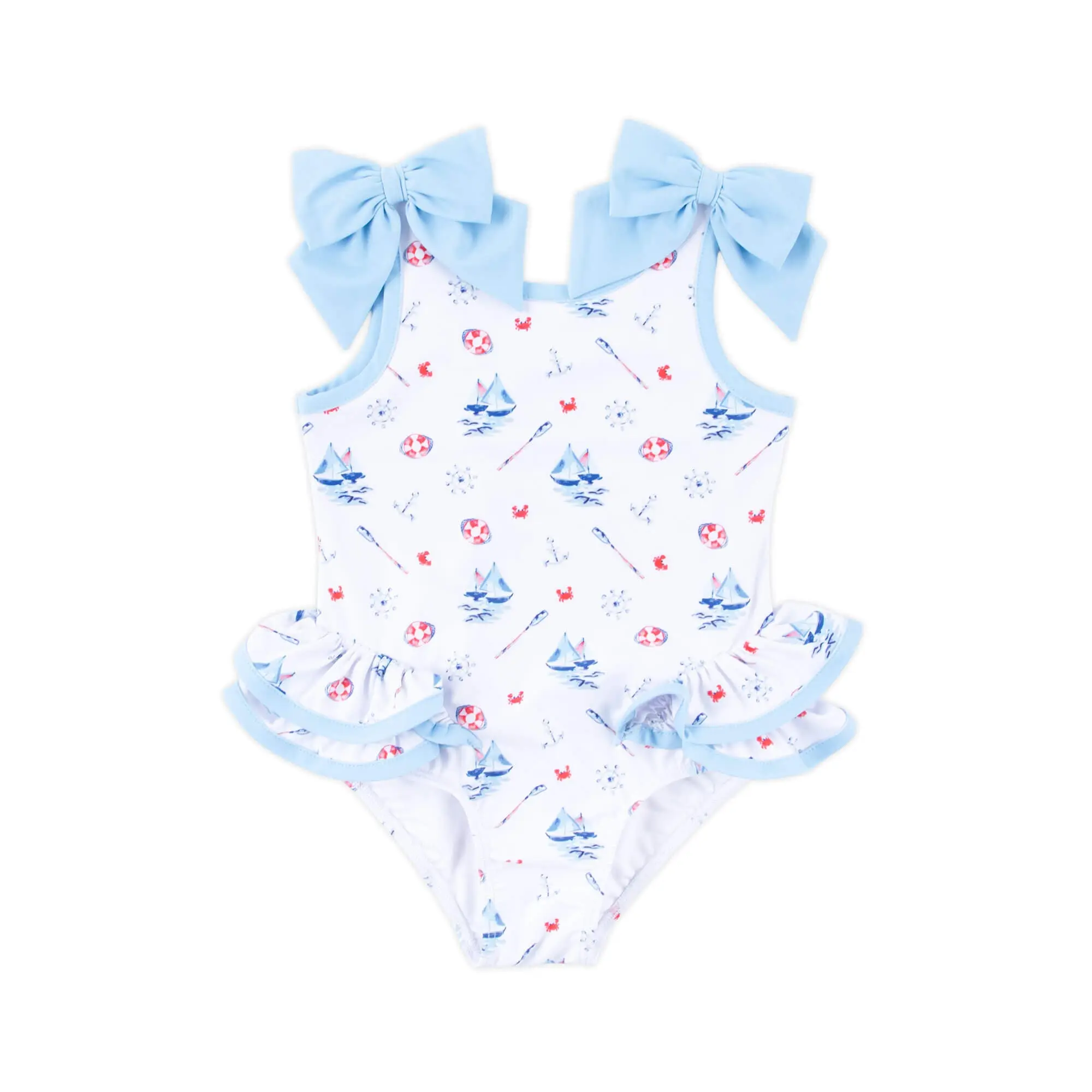 Nautical One Piece Swimsuit - Girls' Sailboat Print Swimwear with Bow Details