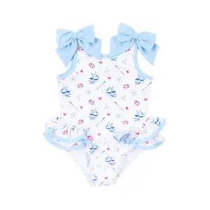 Nautical One Piece Swimsuit - Girls' Sailboat Print Swimwear with Bow Details