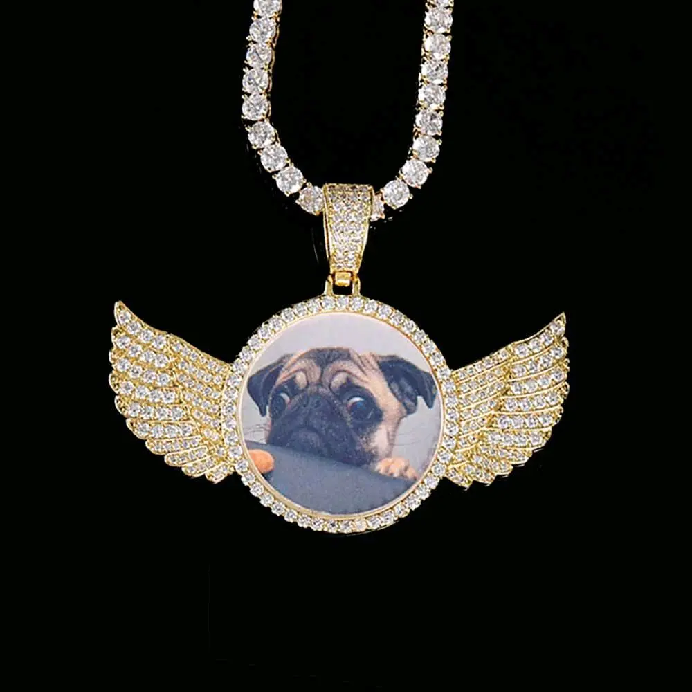 Angel Wings Medallions Custom Photo Pendant Necklace For Men Hip Hop Jewelry Iced Out Pendant Custom Engraved Name Memory Gift