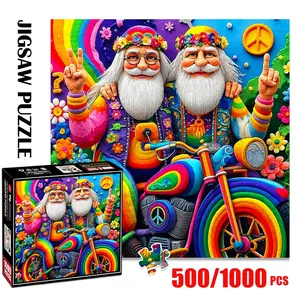1pc 1000 piece adult puzzle 58x58cm Two Hippie - styled Men on a Colorful Motorcycle with Peace Signs and Flowers 500 pieces of paper puzzle, suitable for adults and families, large-scale DIY pu Jigsaw Puzzles