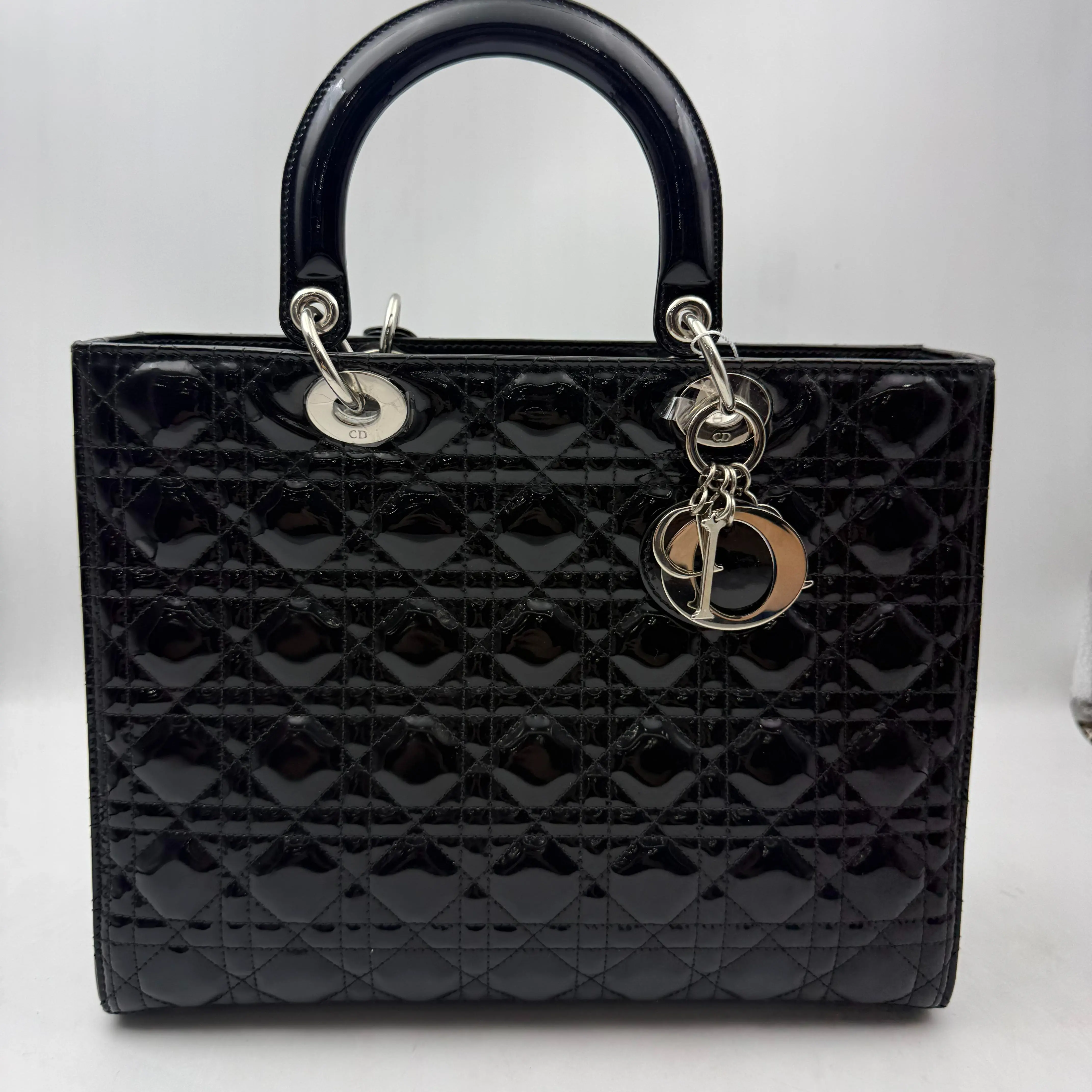 Pre-owned Dior Authentic Christian Vintage Black Shiny Patent Leather Lady Medium Tote