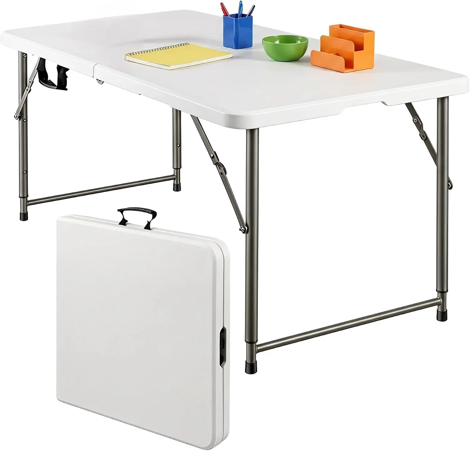 4 Ft Folding Table, 3-Position Height Adjustable Folding Desk, 350 LBS Load Bearing, Auto Lock Frame for Picnic Kitchen Patio Study White