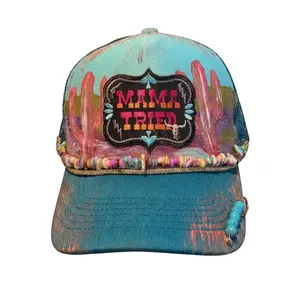 Mama Tried Western Trucker Hat with Hand-Painted Cactus Design & Embroidered Patch for Country Concerts and Rodeo Days