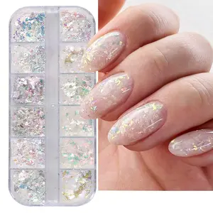 Holographic Nail Art Glitter Iridescent Flakes 12 Grids Mermaid Bright Colorful Star Gradient Ice Slag Nail Sequins Summer Decoration
