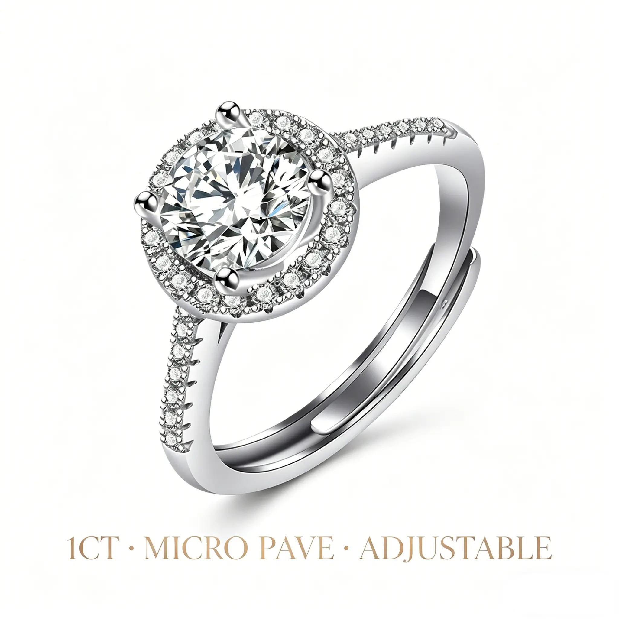 Women's 1CT Round Brilliant Cut Halo Ring - Sterling Silver Plated Cubic Zirconia, Adjustable Solitaire Stackable Band, Hypoallergenic Round Cut Ring for Promise/Engagement; Care Tips: Avoid Chemicals & Perfumes, Wipe with a Soft Cloth, Round Cut Rings, S