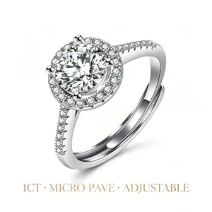 1CT Round Cut Cubic Zirconia Sterling Silver Adjustable Ring for Women | Hypoallergenic Wedding Engagement Promise Eternity Stackable Band | Micro Pave Diamond Simulant Accent with Side Stones, Fade Resistant
