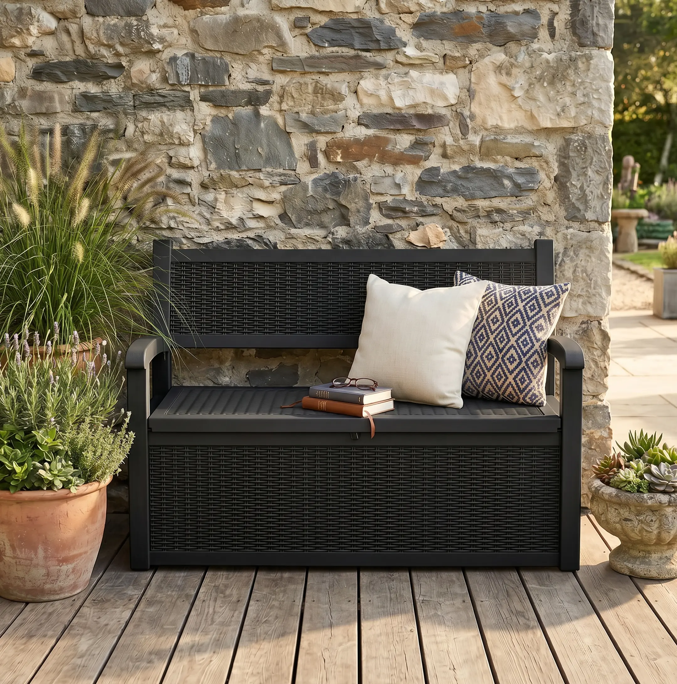 Adults-Friendly 2-in-1 80gal Resin Wicker Ergonomic Design Furniture-Style Lockable Storage Loveseat - Fixed Arms, Woven Texture, 550 lbs Capacity, Waterproof, Assembly Required, Balcony Outdoor Patio Backyard Bench with Bins