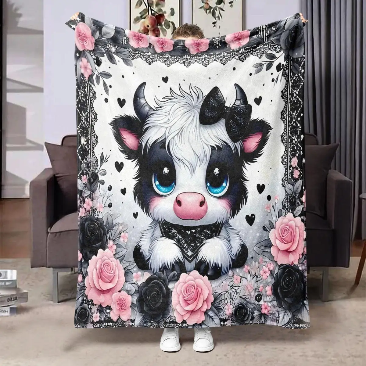 Cow Print Throw Blanket, 1 Count Lovely Soft Warm Nap Blanket, Air-conditioned Room Blanket, Warm Throw Blanket for Home Office Travel Camping