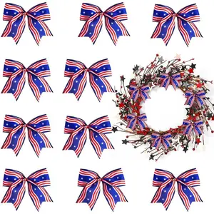 10 count Patriotic Wreath Bows Veterans Day Decor Bow Wave Strips Stars Burlap Patriotic Bows for Wreaths, Veterans Day Ribbon Bows for  Indoor Outdoor Tree Topper Ornament Supplies