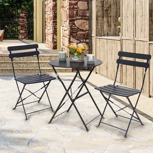 Folding Patio Bistro Set Outdoor 3 Piece Set with 2 Chairs and Table Powder Coated Steel French Pre-War Cafe Design Black Color