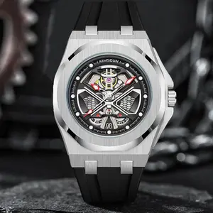 Men's High - end Fashion Skeleton Mechanical Watch, Silver Stainless Steel Case, Black Rubber Strap, Exquisite Hollow Dial Design