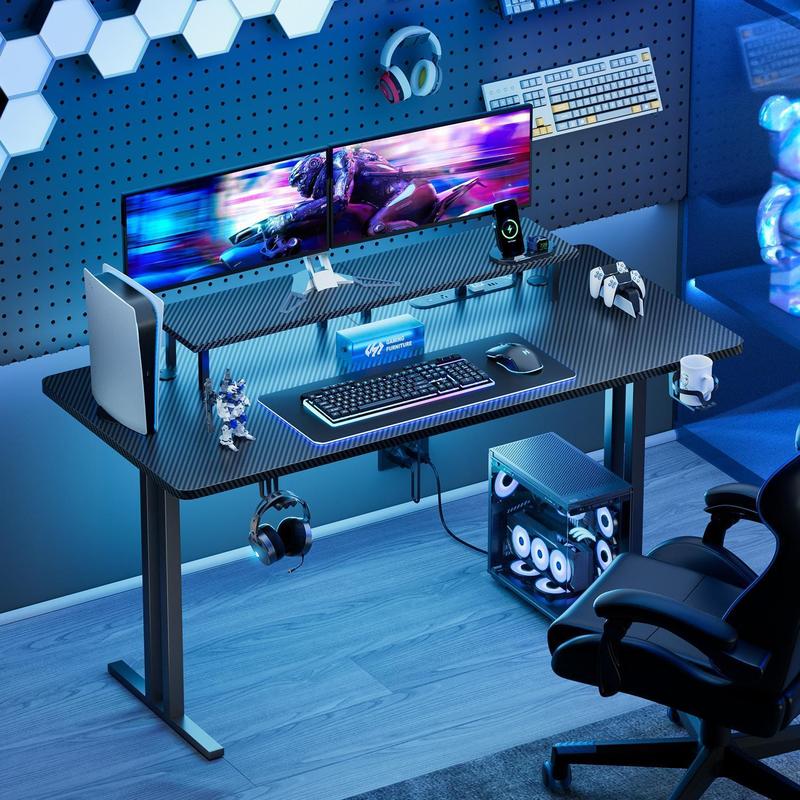 Ecofurnix,LED light game table & power socket, computer gaming desks & monitor stand, ergonomic carbon fiber game table, home office desk with cup holder, headphone hook and mouse pad, simple assembly