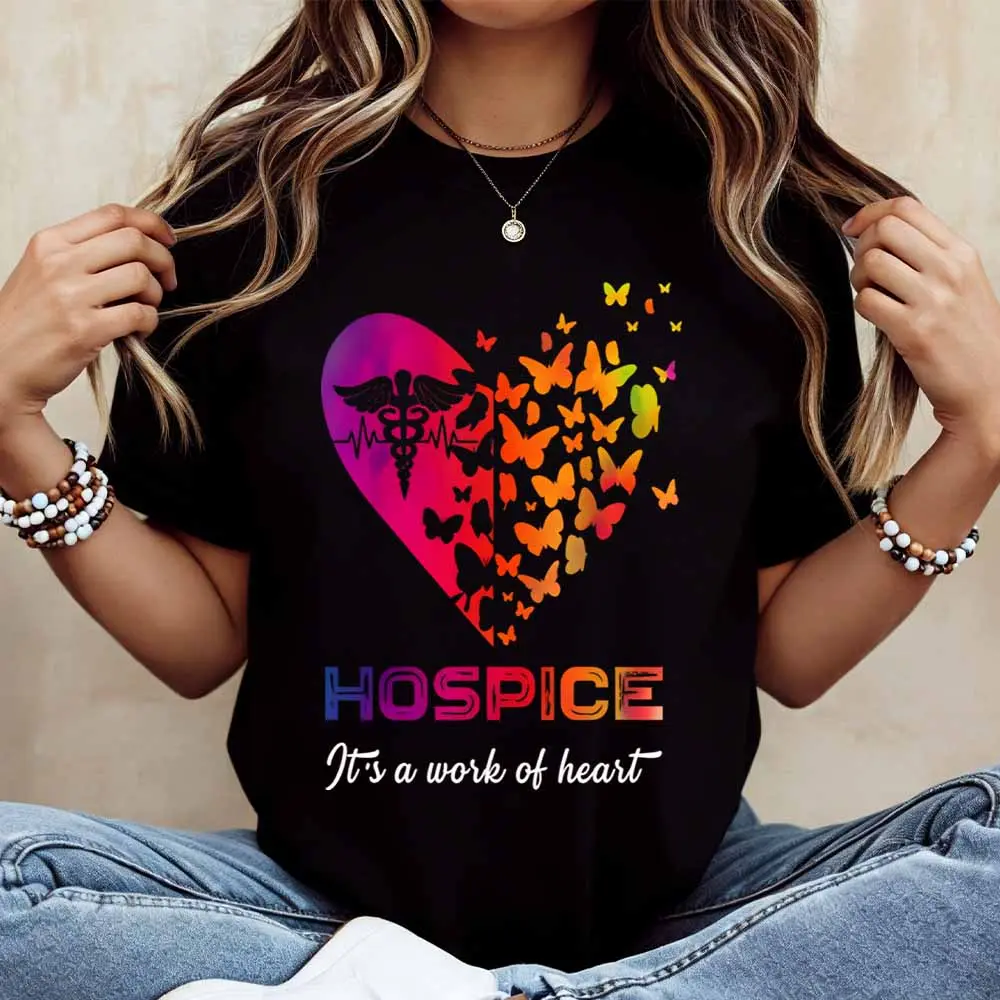 Heart With Butterflies And Caduceus Hospice Its A Work Of Heart Print T Shirt Women Casual Short Sleeve Top