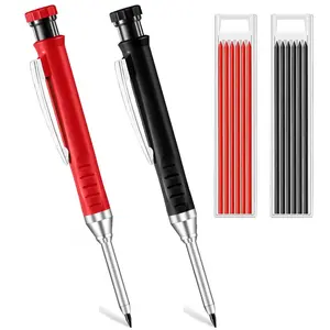 Mechanical Pencil Set, Mechanical Drawing Pencils, carpenter pencil sets, 2 Carpenter Pencils and 12 pen refills, Construction pencils for construction and woodworking, deep hole marking, durable construction tools, black and red with box