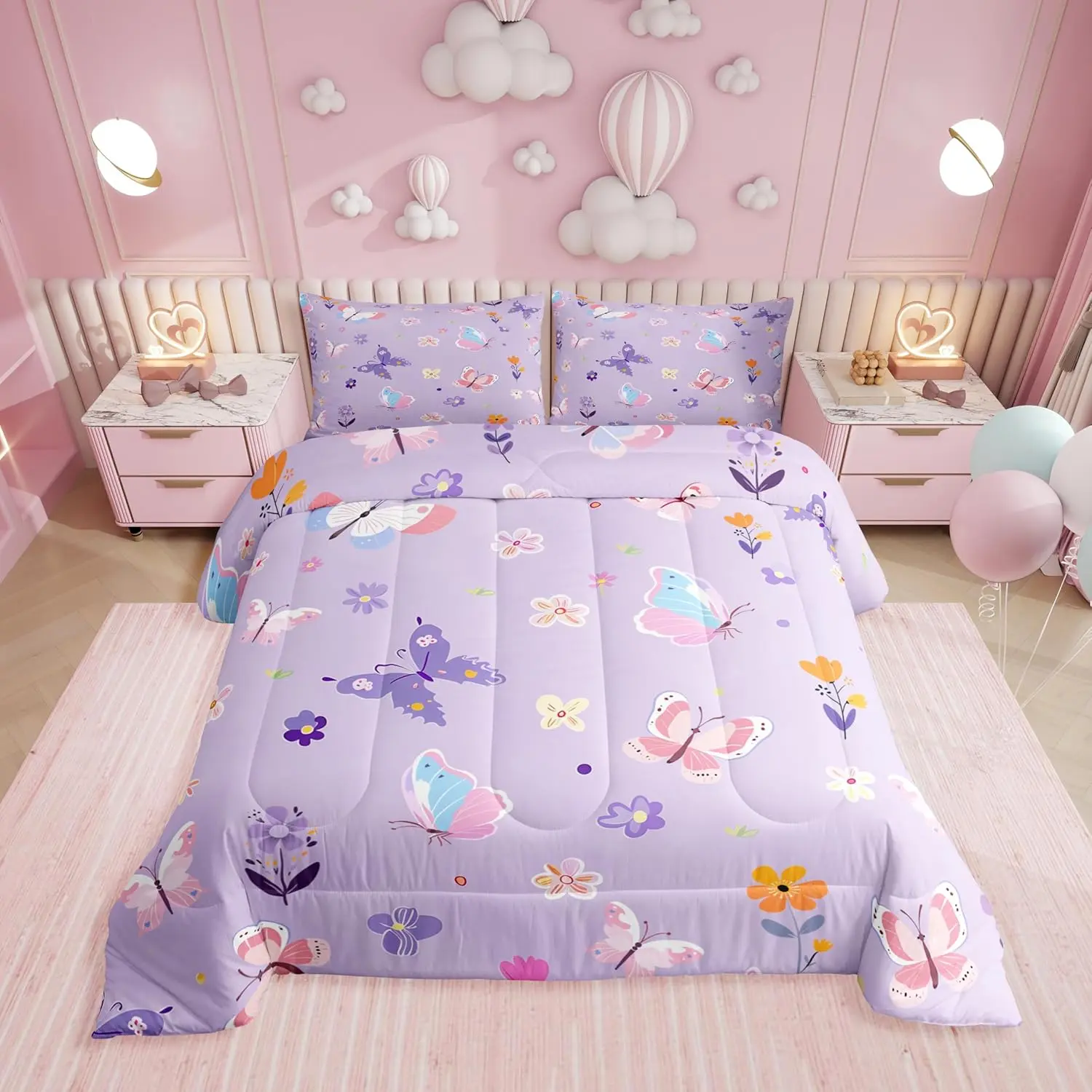 Feelyou Purple Floral Microfiber Bedding Set - Butterfly Motif Printed, Breathable Coquette Quilt Set with Low Roll Over, Soft Warm Bedding for Kids' Bedroom Decor, Camping, Traveling