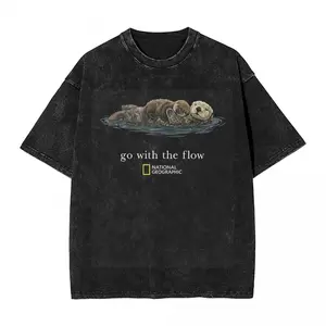 National Geographic "Go with the Flow" Unisex T-Shirt, Gift,Fitness Retro Thick Cotton Sports Washed Loose T-Shirt graphic