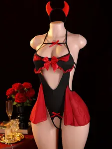 Seductive Little Devil Costume - Black And Red Lace-Up Off-Shoulder Style, with Slit Thighs And Bow Accents - Hand Wash Only Adult Outfit, Perfect for Halloween Celebrations