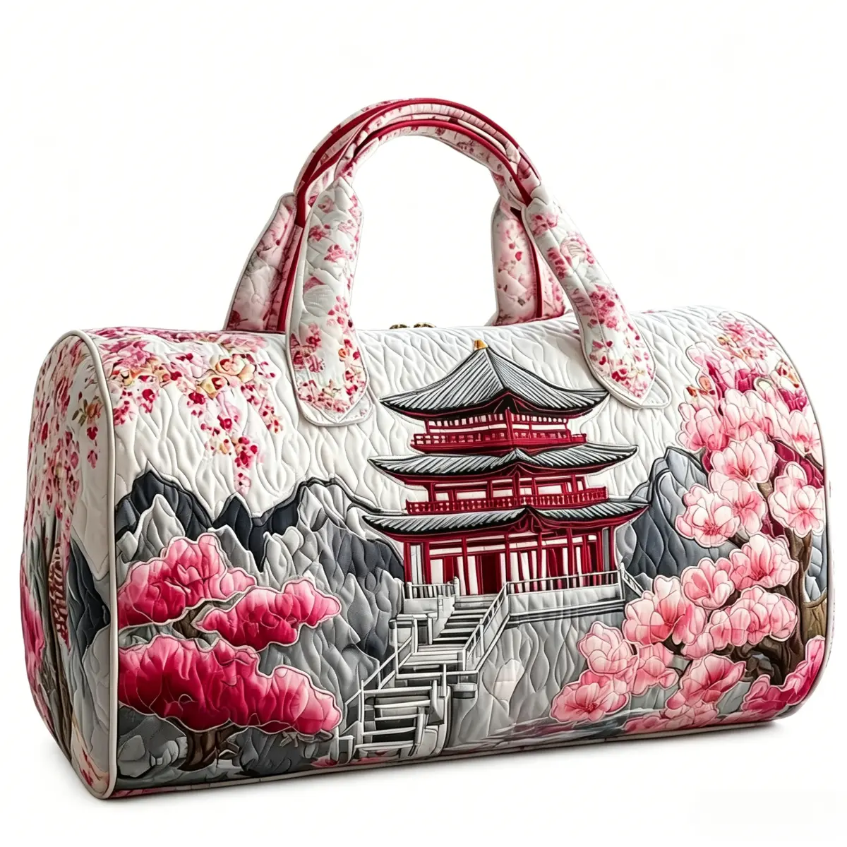 Women's Quilted Gym Bag, High-Capacity Duffel Shape Weekender with Floral Mountain Art for Travel, Nature‑Inspired Art