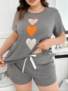 Women's Comfortable Soft Casual Loose Sleepwear Pajama Set Outfit, Knitted Short Sleeve Shorts Heart Print Two-Piece, Cute Plus Size Home Clothes Loungewear