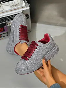 Trendy Diamond Embellished Thick Sole Sneakers, Colorblock Laces Fashion Casual Shoes for Women, Must-Have Cool Style Footwear, Trendy Walking Sneaker