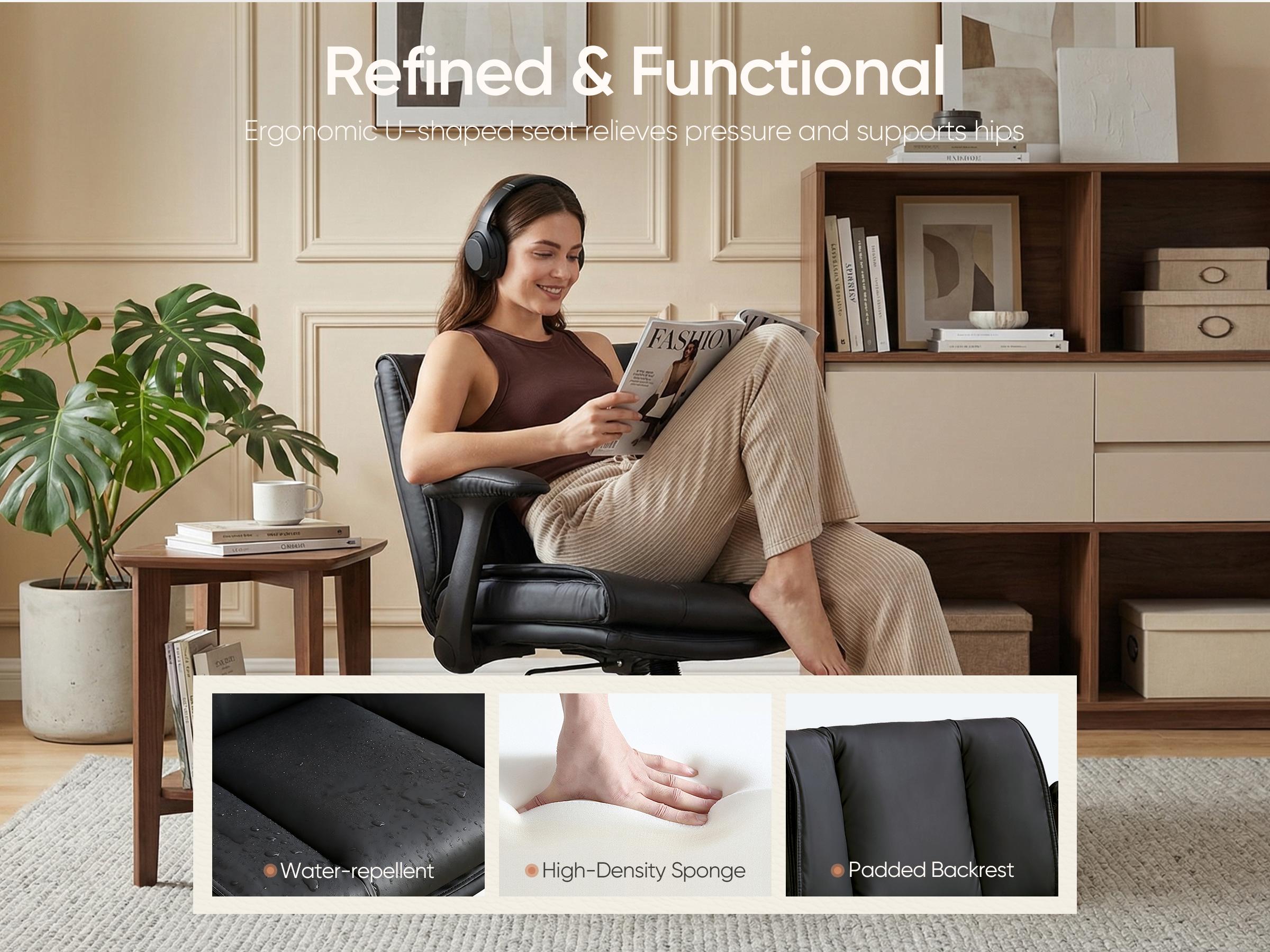 WELAX Criss Cross Office Chair with Flip-Up Armrests, Cross Legged Desk Chair on Wheels, Comfy Ergonomic Swivel Chair with Wide Seat for Home Office, Vanity, Accent, Black Leather